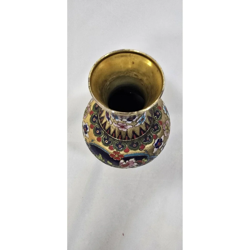 Vintage Champleve raised wire cloisonne enamel metal vase hand painted asian art